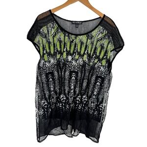 Vintage Womens Abstract Snakeskin Open Mesh Layered Top Green Black Large Grunge